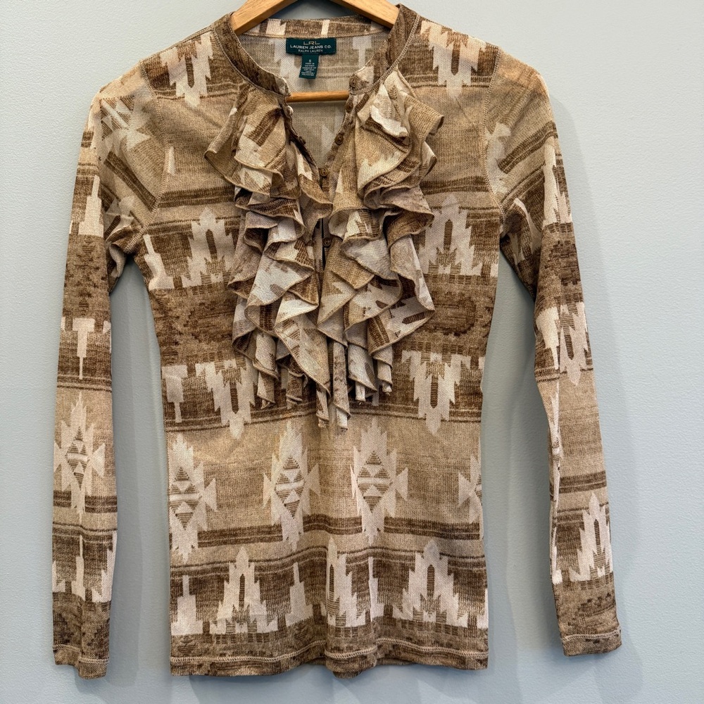 VTG Y2k Lauren Ralph Lauren Aztec Southwest Mesh Blouse Tan Women Size Small